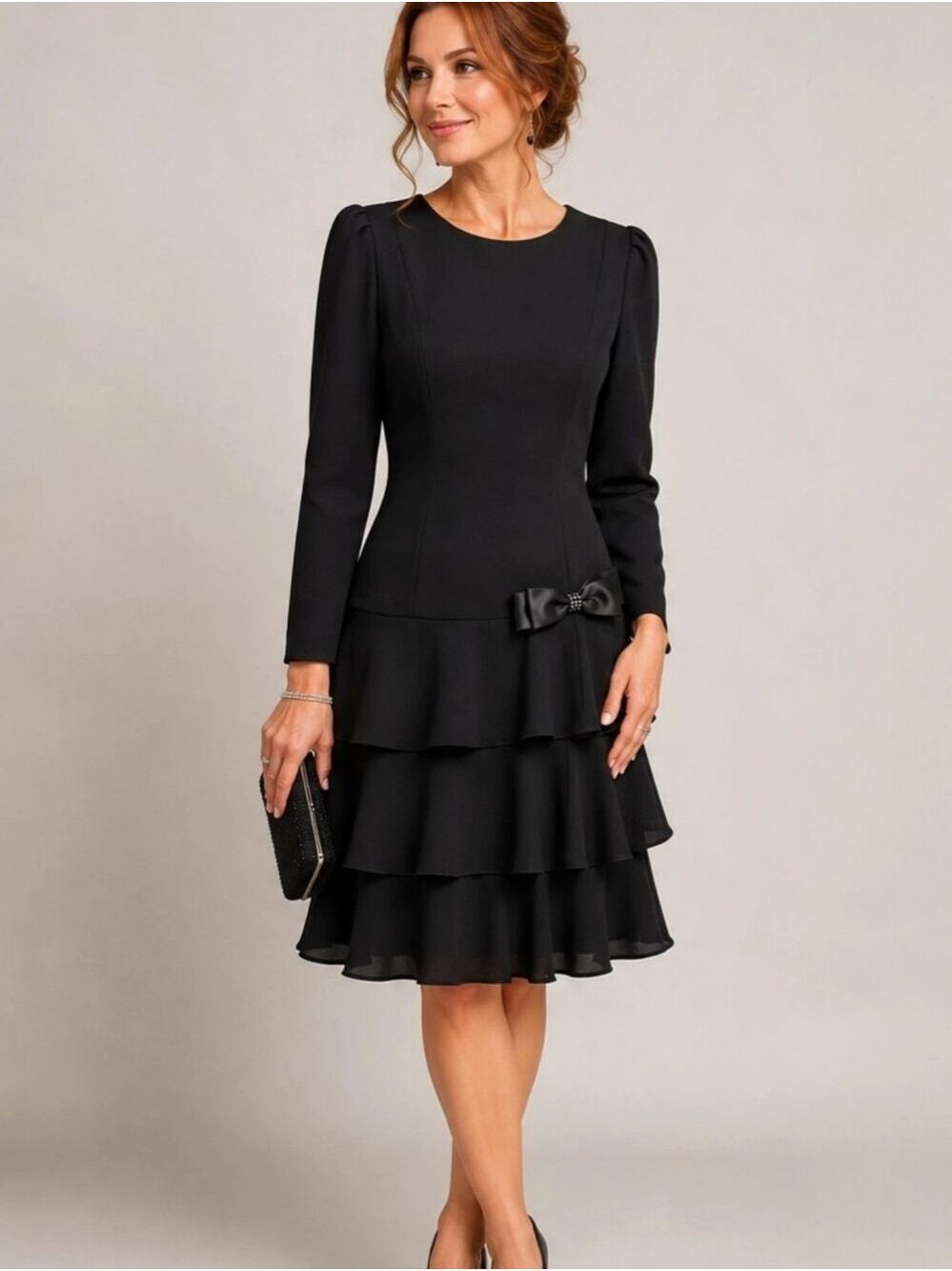 Vintage 80s Leslie Fay Black Tiered Ruffle Drop Waist Cocktail Dress Size 6
